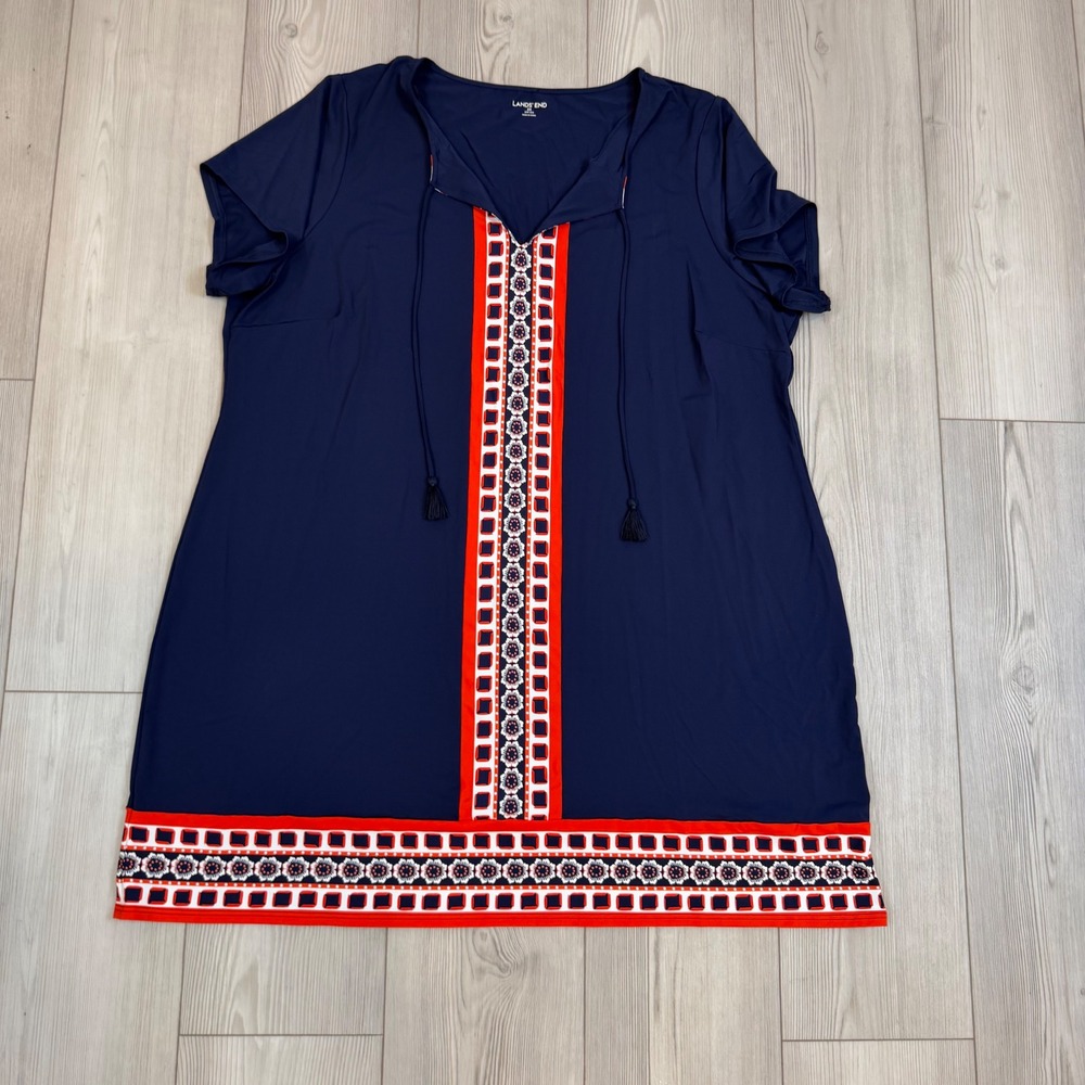 Lands' End Navy Blue Swim Tunic Cover-Up Red Geometric Border Tassels 2X 20W-22W - Picture 4 of 11